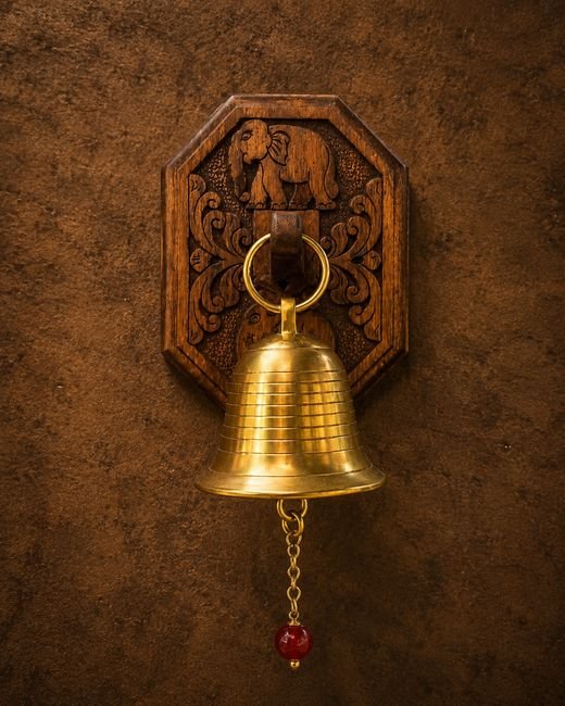 Brass Door Bell on Carved Wooden Plaque