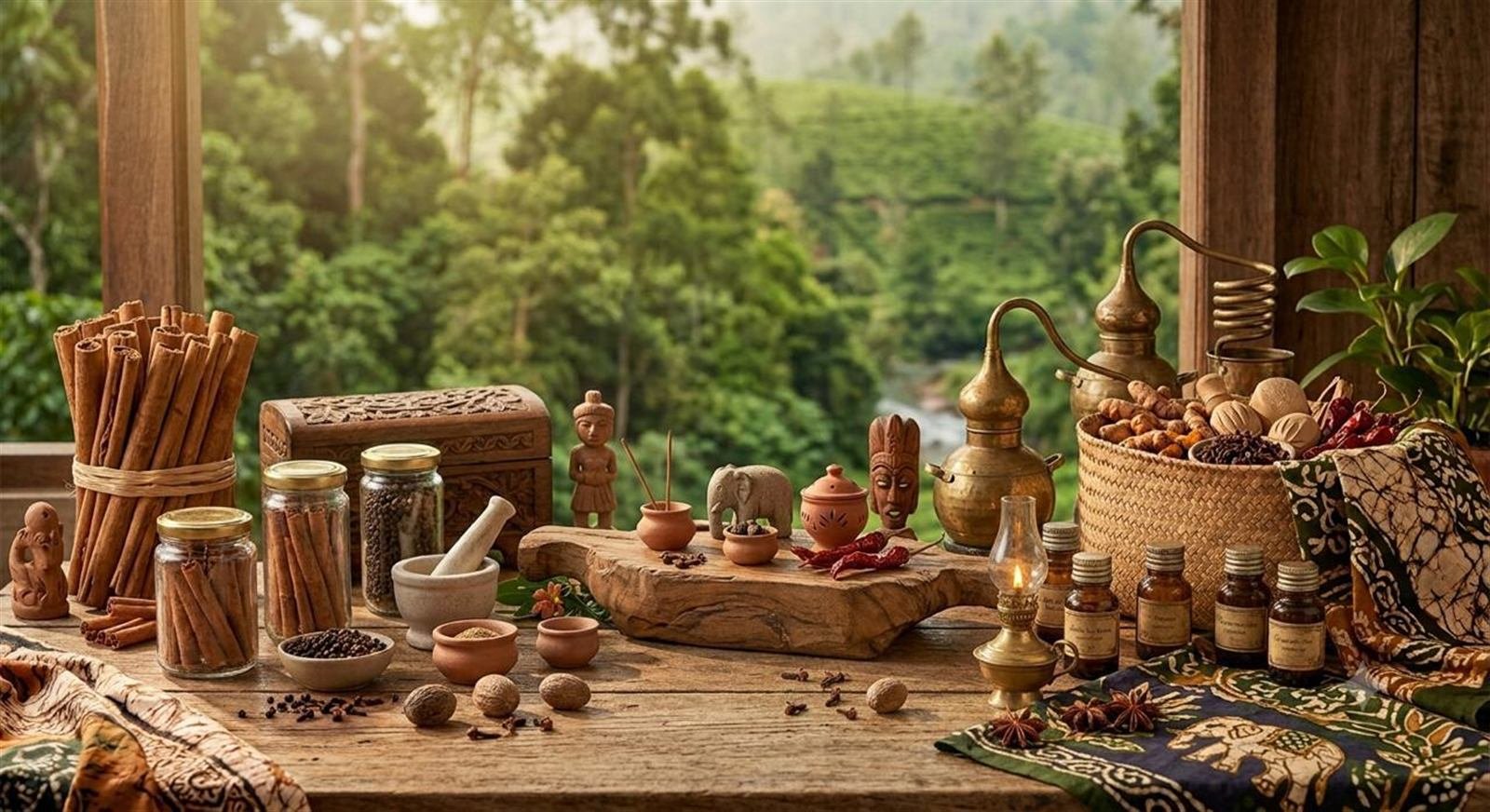 Flat lay of Ceylon cinnamon, spices and brass artisan pieces with a Sri Lankan tea estate in the background